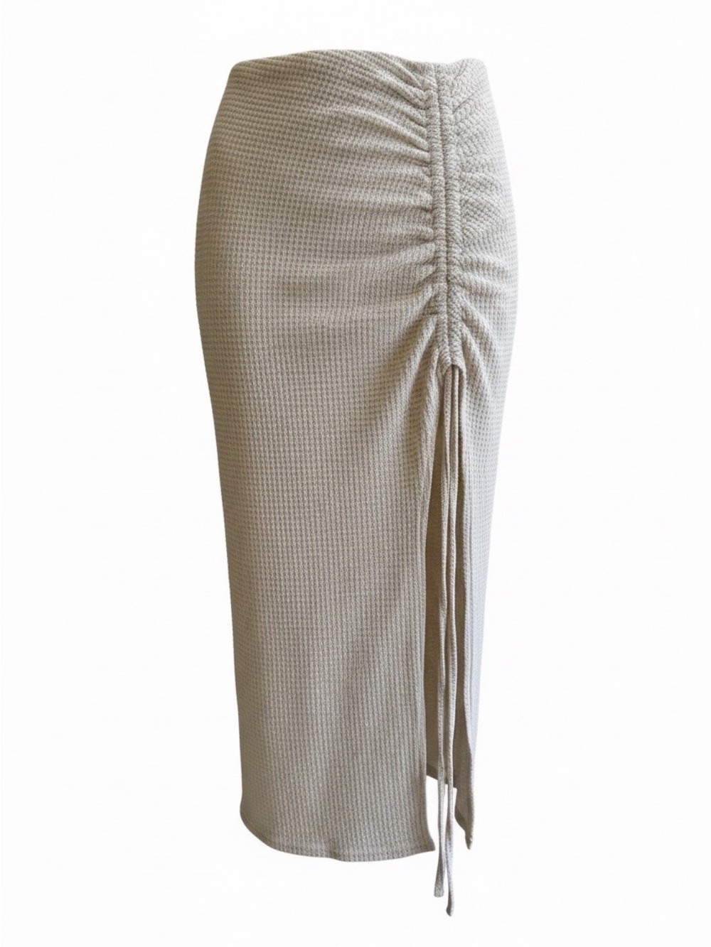 Side-Ruched Maxi Skirt with Slit in Light Beige